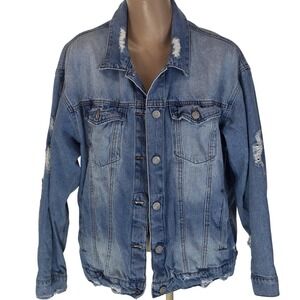 SKY Plus Denim Jacket Women's 1X Blue Distressed Jean Button Front Plus Casual